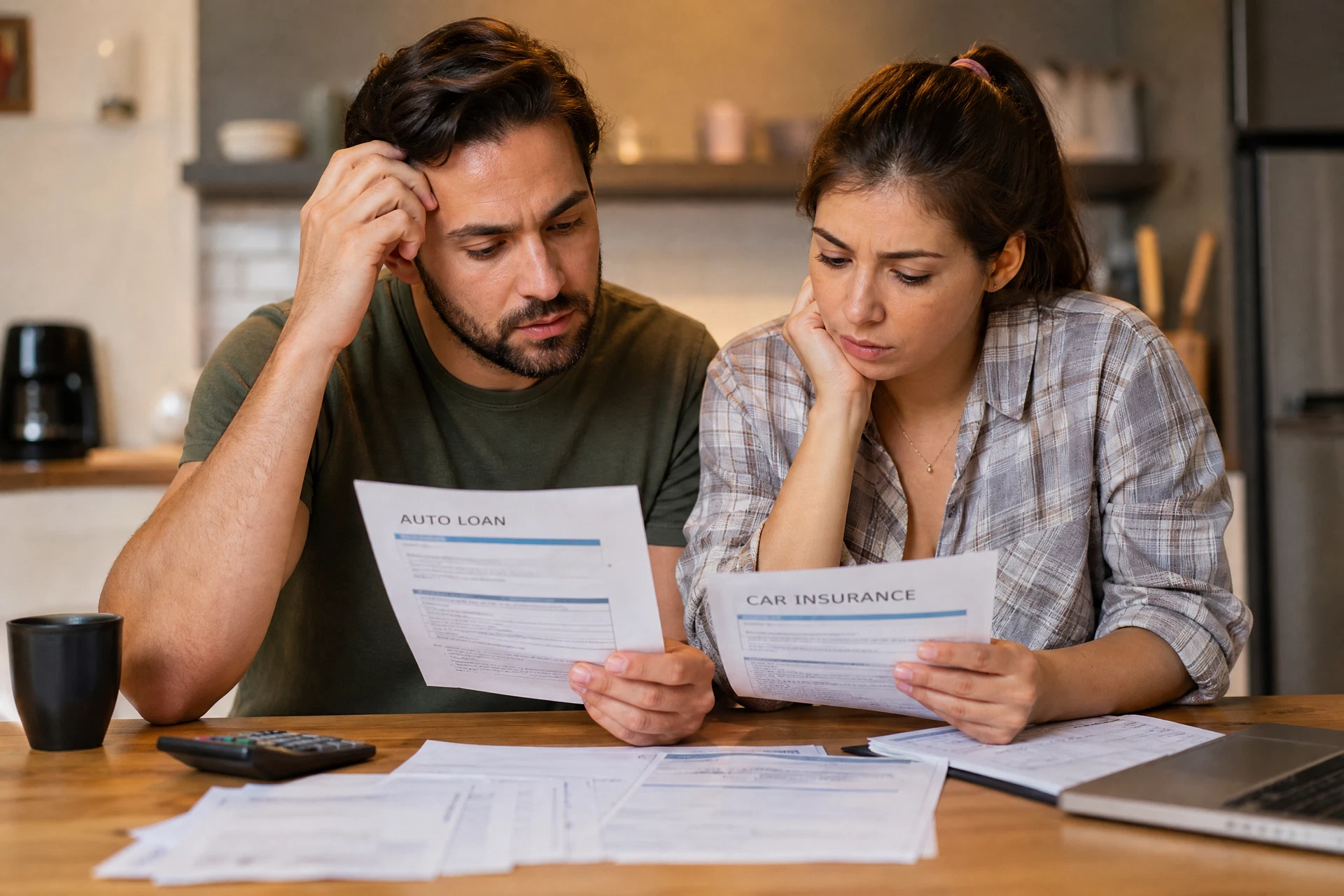 Couple reviewing auto loan and insurance paperwork after a Farmers Insurance total loss