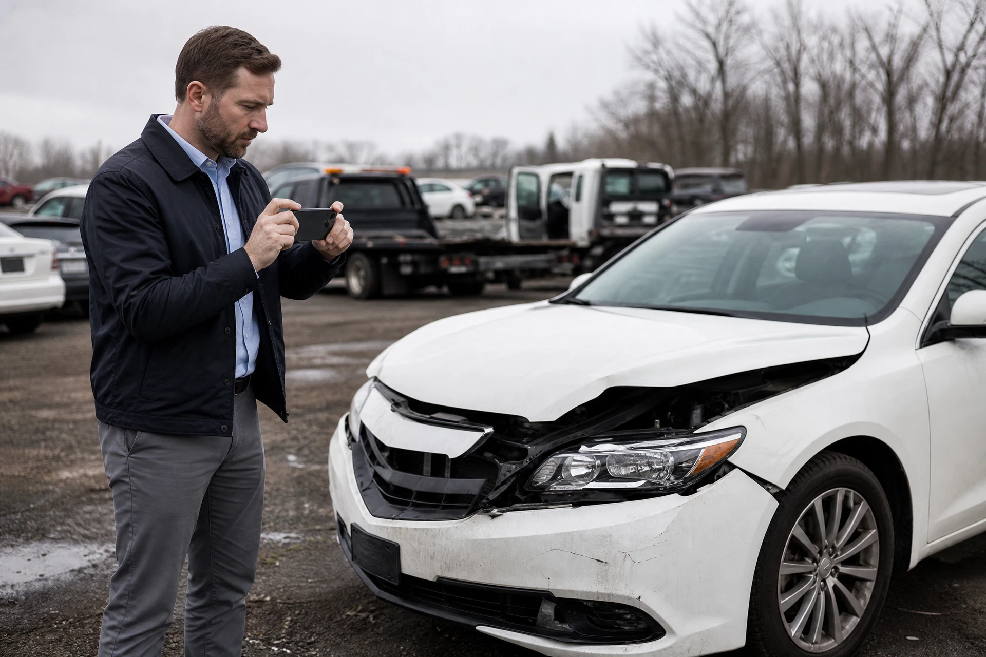 Insurance adjuster inspecting a damaged vehicle during a National General total loss claim